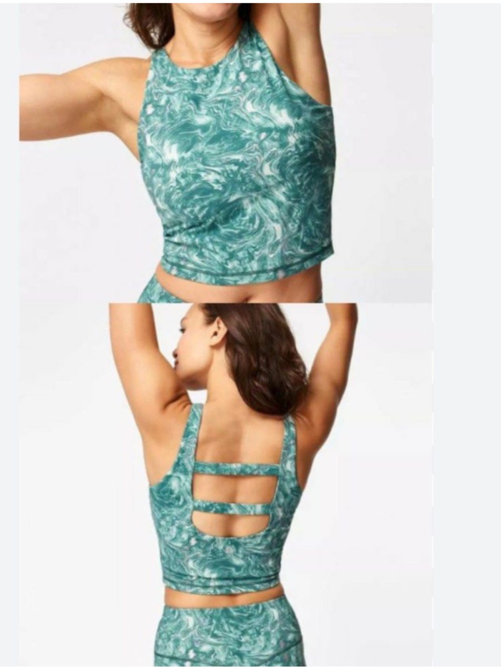 Sweaty Betty Godess Teal Marble High-Neck Strappy Back Crop Tank S